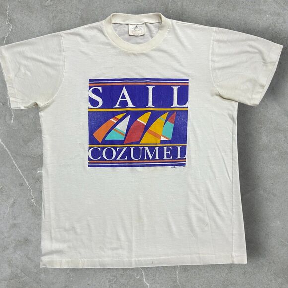 Bye Bye Vintage 80s Single Stitch Cozumel Sail Tee White Men's Size Extra Large - Picture 1 of 9